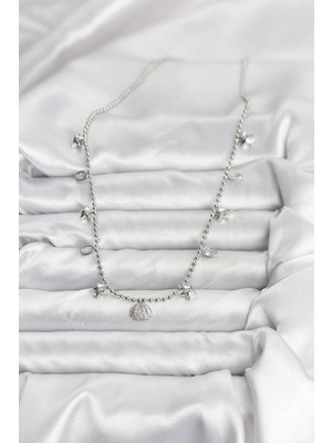 Moresun Buğz Pirinç Gümüş Renk Zirkon Taşlı Deniz Kabuğu Model Kadın Kolye - Buğz