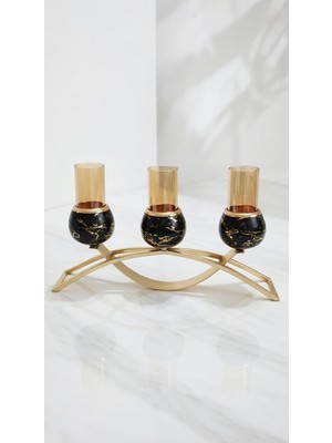 Vadi Lüks Dekoratif Şamdan Mumluk 3'lü | Altın Paslanmaz Çerçeve + Siyah Mermer Desen Cam