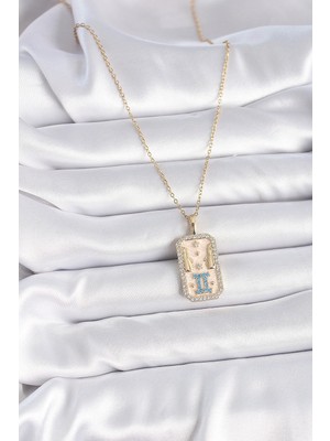 Moresun Buğz 316L Çelik Gold Renk Zincir Ikizler Burcu Zirkon Taşlı Kadın Kolye - Buğz