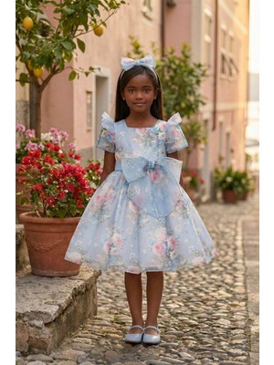 Pamina Kız Çocuk Çiçekli Taç Tokalı Ellbise Mavi 36200
