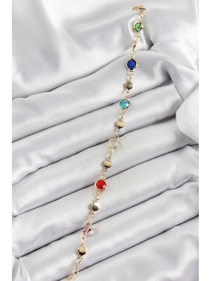 Moresun Buğz Pirinç Karışık Renk Zirkon Taşlı Gold Renk Kadın Bileklik - Buğz