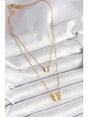 Moresun Buğz 316L Çelik Gold Renk 2'li Simli Kelebek Model Kadın Kolye - Buğz