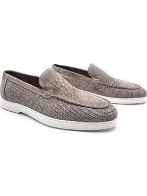 Marcomen M23038 Örgü Baskı Desenli Hakiki Süet Deri Erkek Bağcıksız Süet Bej Loafer Ayakkabı