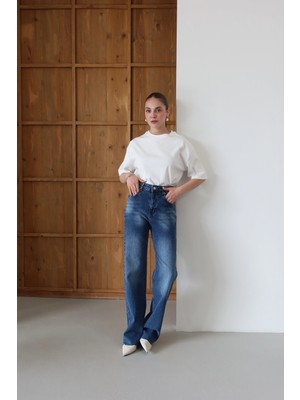 Yüksek Bel Kesik Boru Paça Jean Mavi