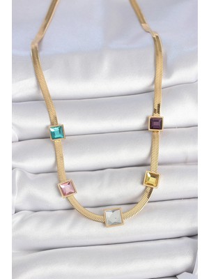 Moresun Buğz 316L Çelik Gold Renk Italyan Zincir Model Kare Renkli Zirkon Taşlı Kadın Kolye - Buğz