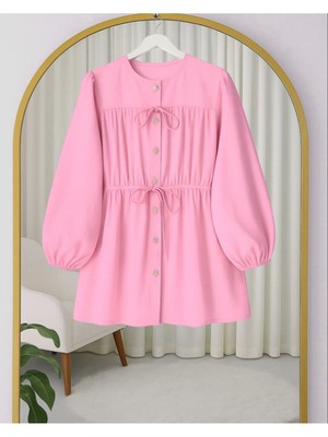 Modamorfo Taşlı Düğmeli Kolu Lastikli Bağlama Detaylı Gömlek  -Pembe
