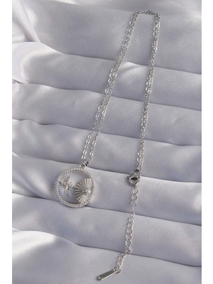 Moresun Buğz 316L Çelik Zincir Gümüş Renk Zirkon Taşlı Yıldız Figürlü Oval Kolye - Buğz