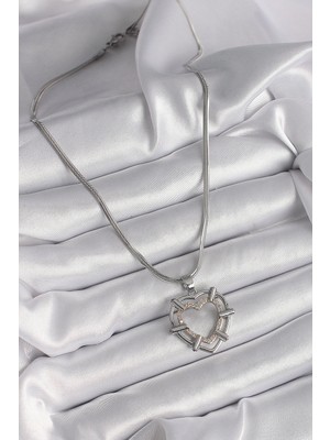 Moresun Buğz 316L Çelik Gümüş Renk Italyan Zincir Mix Renk Zirkon Taş Detay Kalp Model Kadın Kolye - Buğz