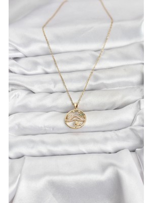 Moresun Buğz 316L Çelik Zincir Gold Renk Şans Kolyesi Model Zirkon Taşlı Kadın Kolye - Buğz