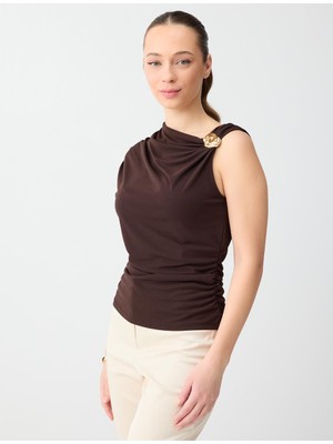 Jimmy Key Acı Kahve Asimetrik Yaka Düşük Omuz Dar Kesim Örme Bluz