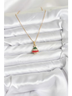 Moresun Buğz 316L Çelik Zincir Gold Ren Çam Ağacı Model Zirkon Taşlı Yılbaşı Temalı Kadın Kolye - Buğz