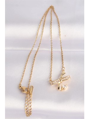 Moresun Buğz 316L Çelik Zincir Altın Renk Zirkon Taşlı Kalp Detay Fiyonk Kolye - Buğz