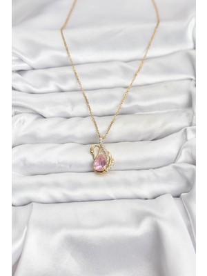 Moresun Buğz 316L Çelik Zincir Gold Renk Pembe Kuğu Model Zirkon Taşlı Kadın Kolye - Buğz