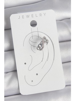 Moresun Buğz Pirinç Gümüş Renk Zirkon Taşlı Zincir Sonsuzluk Model Kadın Kıkırdak Küpe - Buğz