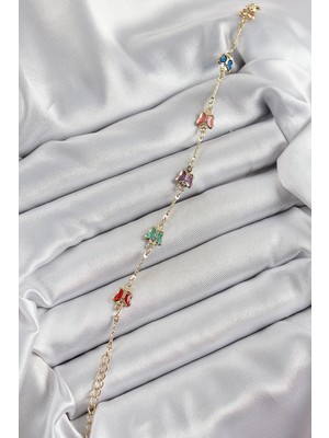 Moresun Buğz Pirinç Gold Renk Karışık Renk Kelebek Zirkon Taşlı Kadın Bileklik - Buğz