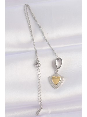 Moresun Buğz 316L Çelik Zincir Gümüş Renk Zirkon Taşlı Tasarım Altın Renk Kalp Kolye - Buğz