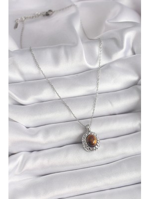 Moresun Buğz 316L Çelik Gümüş Renk Zincir Kehribar Boncuk Model Kadın Kolye - Buğz