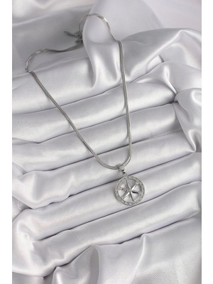 Moresun Buğz 316L Çelik Gümüş Renk Italyan Zincir Zirkon Taşlı Kutup Yıldız Model Kadın Kolye - Buğz