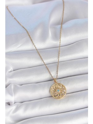 Moresun Buğz 316L Çelik Gold Renk Zincr Mavi Taşlı Lotus Model Kadın Kolye - Buğz