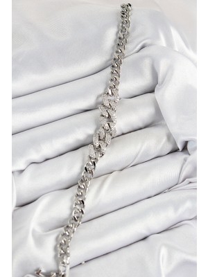 Moresun Buğz Pirinç Zirkon Taşlı Küba Zincir Model Gümüş Renk Kadın Bileklik - Buğz