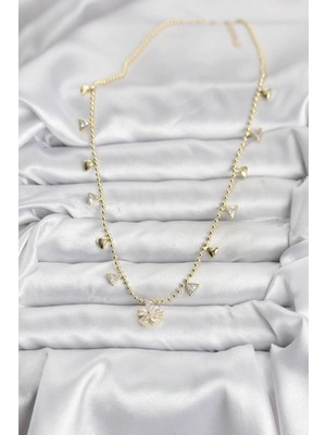 Moresun Buğz Pirinç Gold Renk Zirkon Taşlı Çiçek Model Kadın Kolye - Buğz