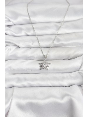 Moresun Buğz 316L Çelik Zincir Gümüş Renk Yıldız Model Zirkon Taşlı Kadın Kolye - Buğz