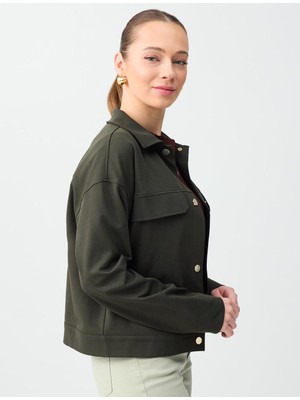 Jimmy Key Haki Düz Kesim Uzun Kollu Çıt Çıt Detaylı Örme Ceket