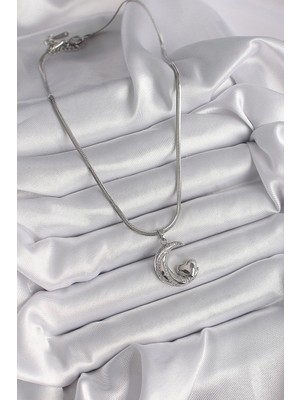 Moresun Buğz 316L Çelik Gümüş Renk Italyan Zincir Zirkon Taşlı Halil Figür Kalp Detay Kadın Kolye - Buğz