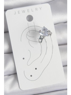 Moresun Buğz Pirinç Gümüş Renk Zirkon Taşlı Kalp Model Kadın Kıkırdak Küpe - Buğz