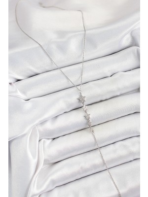 Moresun Buğz Pirinç Zirkon Taşlı Sıralı Yıldız Figürlü Y Model Gümüş Renk Kadın Kolye - Buğz