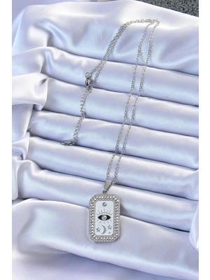 Moresun Buğz 316L Çelik Zincir Gümüş Renk Mineli Zirkon Taşlı Göz Figür Tarot Kolye - Buğz