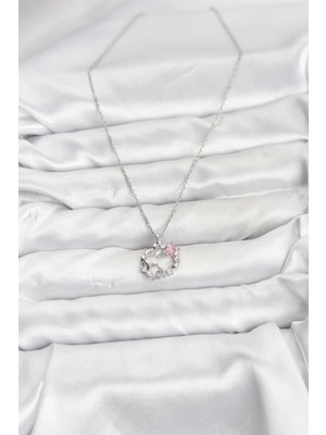 Moresun Buğz 316L Çelik Zincir Gümüş Renk Pembe Taş Detaylı Çelenk Model Kadın Kolye - Buğz