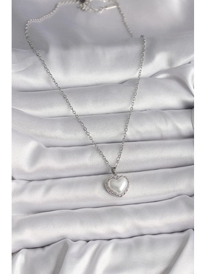 Moresun Buğz 316L Çelik Gümüş Renk Zincir 3D Inci Kalp Model Kadın Kolye - Buğz