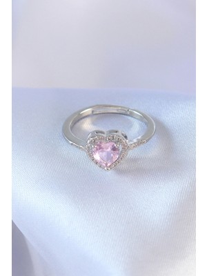 Moresun Buğz Gümüş Renk Pembe Zirkon Taşlı Kalp Charm Model Pirinç Kadın Yüzük - Buğz
