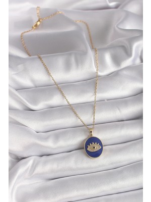 Moresun Buğz 316L Çelik Gold Renk Zincir Mavi Mineli Zirkon Taşlı Göz Işleme Kadın Kolye - Buğz