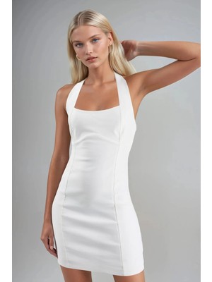 Hiccup Kadınlar Halter Yaka Bodycon Mini Elbise Beyaz