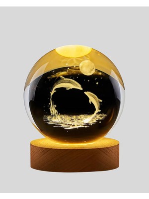 Moresun Buğz Lazer Işlemeli Yunus Kristal Küre Sıcak Işıklı Ahşap Standlı - Buğz