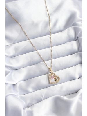 Moresun Buğz 316L Çelik Gold Renk Zincir Zirkon Taşlı Kalp Model Kadın Kolye - Buğz