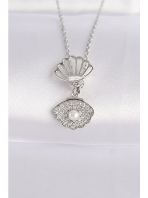 Moresun Buğz 316L Çelik Zincir Gümüş Renk Zirkon Taşlı Inci Detay Istiridye Kolye - Buğz