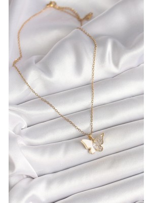 Moresun Buğz 316L Çelik Gold Renk Zincir Zirkon Taşlı Beyaz Mineli Kelebek Model Kadın Kolye - Buğz