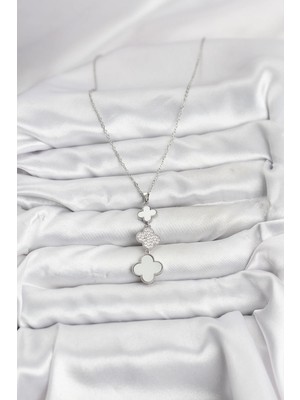 Moresun Buğz 316L Çelik Zincir Gümüş Renk Yonca Detaylı Zirkon Taşlı Kadın Kolye - Buğz