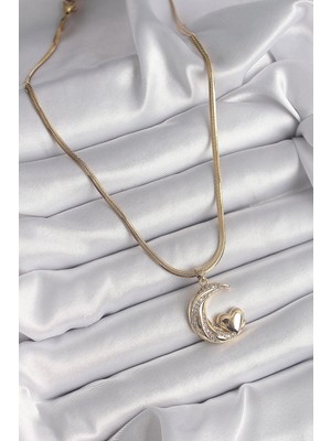 Moresun Buğz 316L Çelik Gold Renk Çelik Italyan Zincir Zirkon Taşlı Halil Figür Kalp Detay Kadın Kolye - Buğz