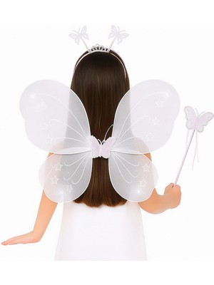 Moresun Buğz Beyaz Kelebek Kız Seti – 50 cm Kelebek Kanadı, Taç ve Asa