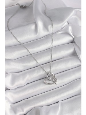 Moresun Buğz 316L Çelik Gümüş Renk Zincir Zirkon Taş Detaylı Kalp Model Sonsuzluk Detay Kadın Kolye - Buğz