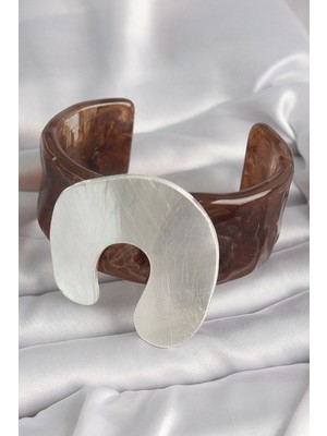 Moresun Buğz Kahverengi Mermer Desen Akrilik Plastik Gümüş Plaka Model Vintage Kadın Bilezik - Buğz