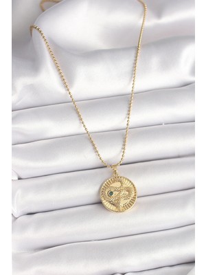 Moresun Buğz 316L Çelik Gold Renk Topçuk Zincir Yılan Işlemeli Zirkon Taş Detaylı Madalyon Model Kadın Kolye - Buğz