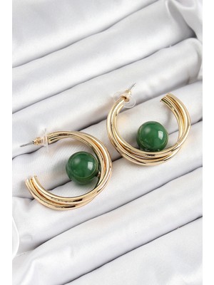 Moresun Buğz Pirinç Gold Renk Halka Model Yeşil Boncuk Detay Kadın Küpe - Buğz