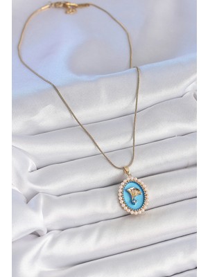 Moresun Buğz 316L Çelik Gold Renk Zincir Mavi Mineli Incili Zirkon Taşlı Çiçek Işlemeli Portre Model Kadın Kolye - Buğz