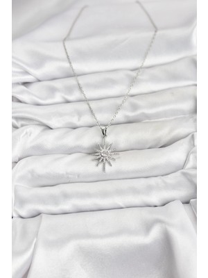 Moresun Buğz 316L Çelik Zincir Gümüş Renk Kutup Yıldızı Model Zirkon Taşlı Kadın Kolye - Buğz