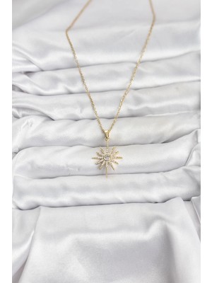 Moresun Buğz 316L Çelik Zincir Gold Renk Kutup Yıldızı Model Zirkon Taşlı Kadın Kolye - Buğz